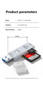 Tutew Multi Functional 2 In 1 High-speed USB 3.0/2.0 Card Reader Supports TF+SD Computer Tablet Camera Laptop Car Mounted